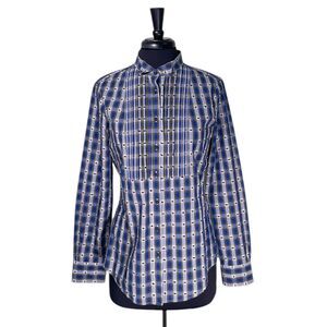 Brooks Brothers Womens Shirt Button Up Blue Plaid Pleated Textured Preppy Top 12